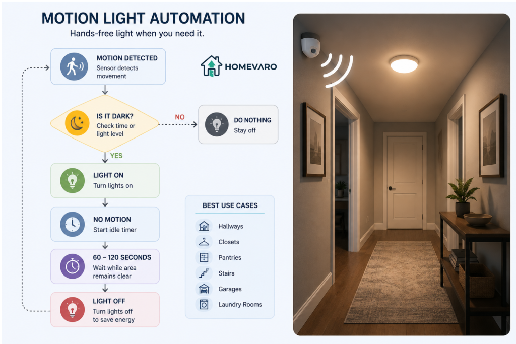 Motion sensor lighting automation flow from motion detection to automatic light off.