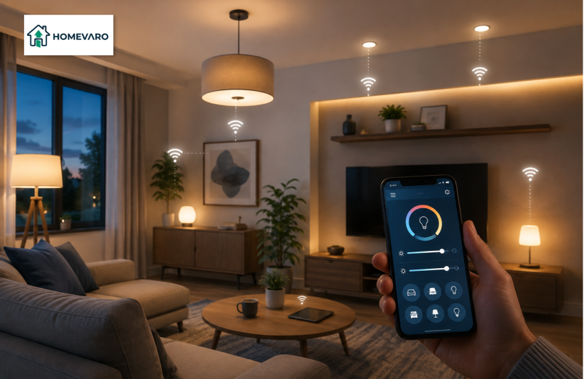 Modern living room with smart lighting scenes, schedules, and automation controlled by smartphone