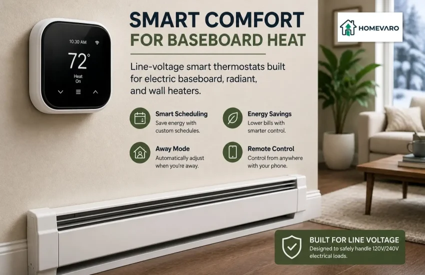 Smart thermostat mounted above an electric baseboard heater with feature highlights for scheduling, energy savings, away mode, remote control, and line-voltage compatibility.