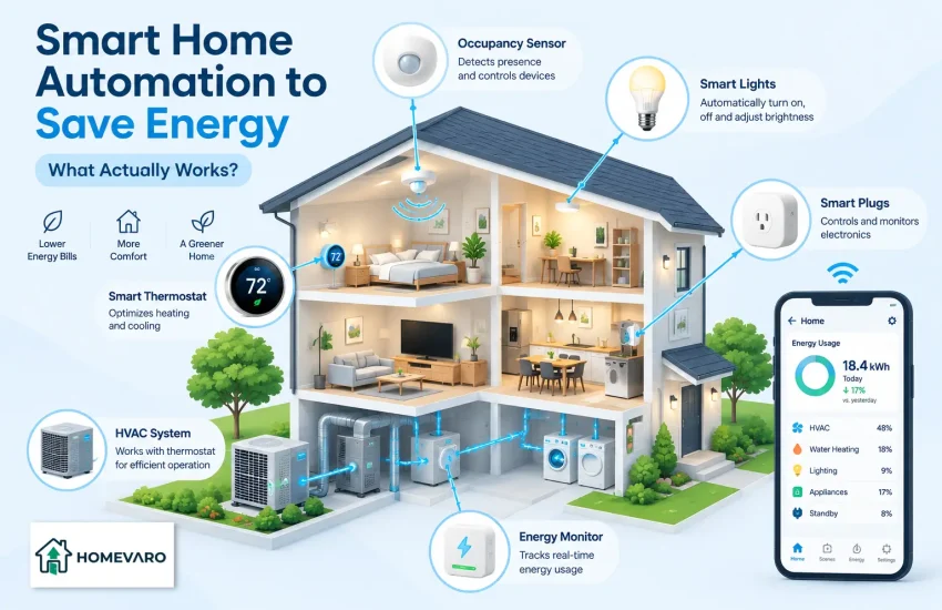 Smart home automation system with thermostat, HVAC, smart lights, occupancy sensors, smart plugs, and energy monitoring