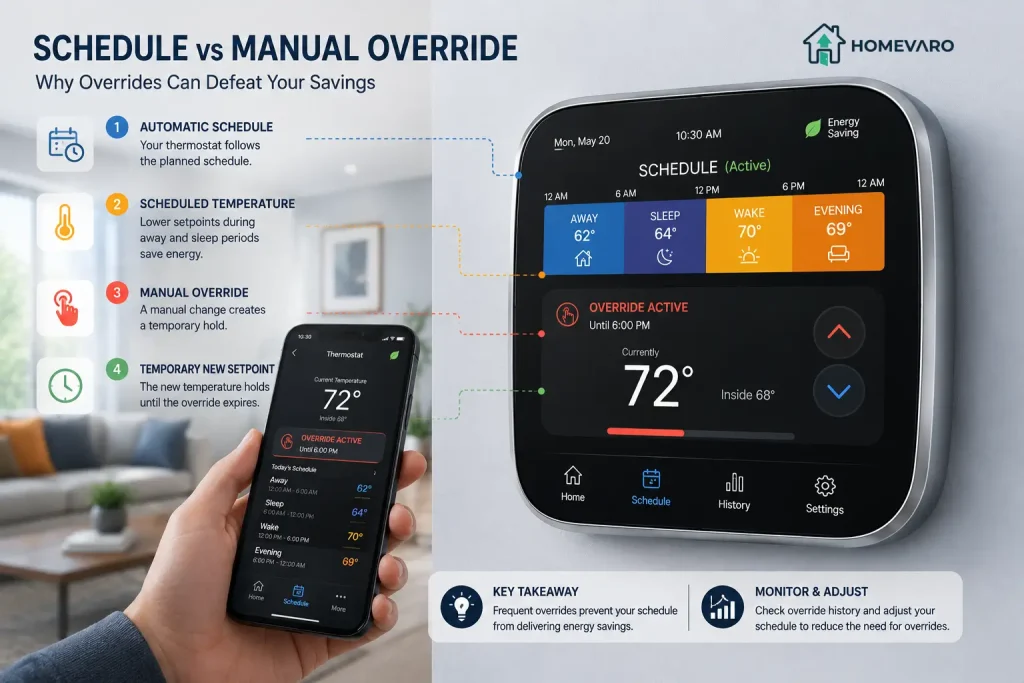 Smart thermostat schedule being manually overridden by a household user