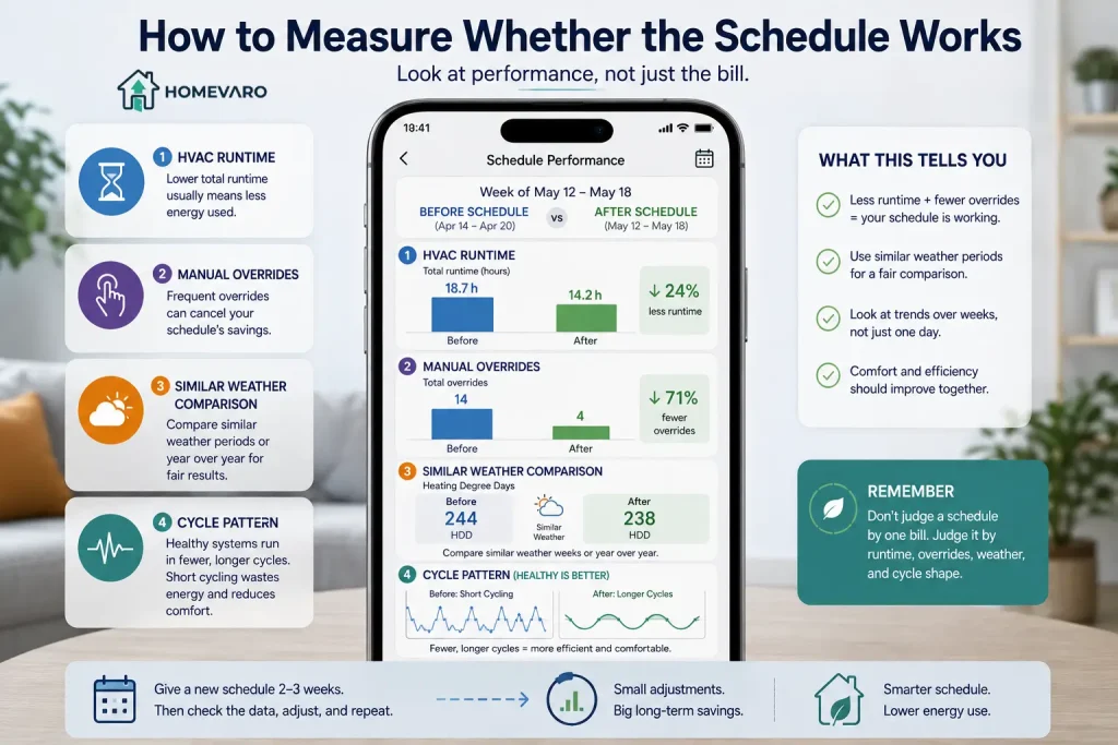 Smart thermostat dashboard tracking HVAC runtime manual overrides and schedule performance