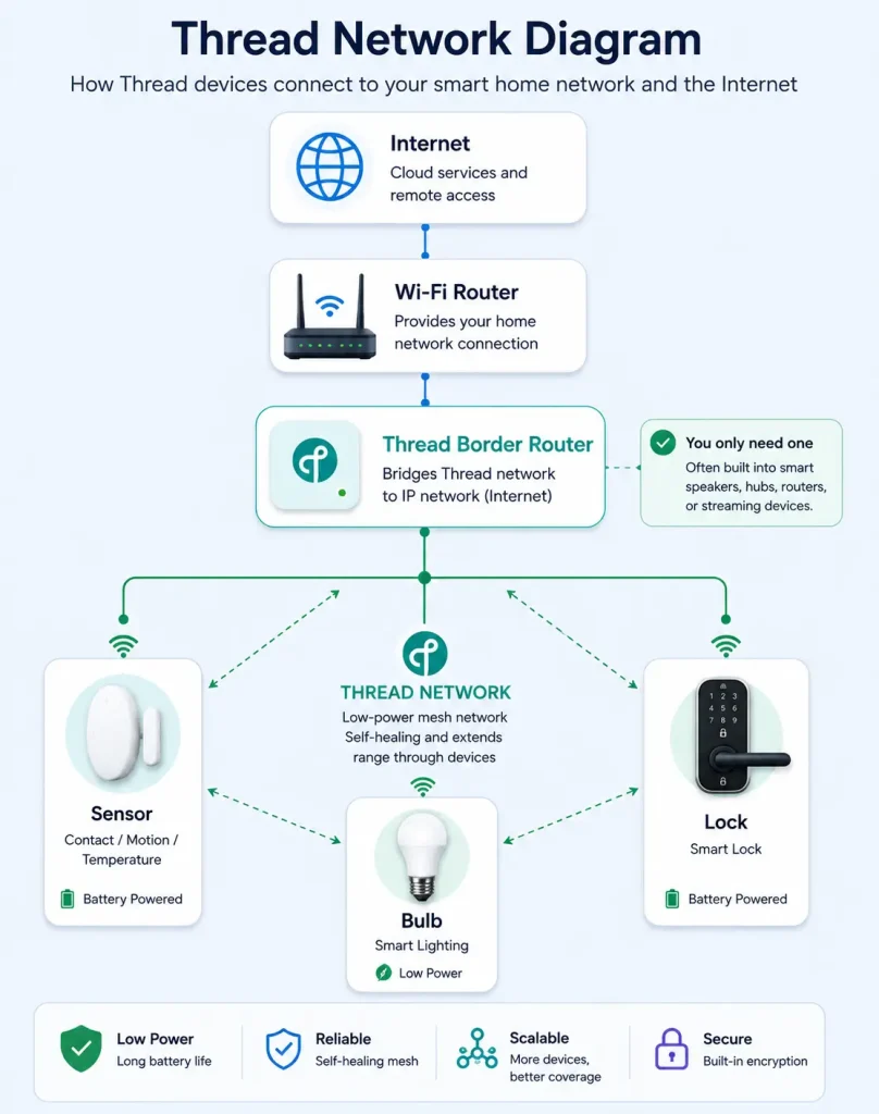 Thread network diagram showing how the Internet connects to a Wi-Fi router, Thread Border Router, and Thread-enabled smart devices including a sensor, smart bulb, and smart lock.